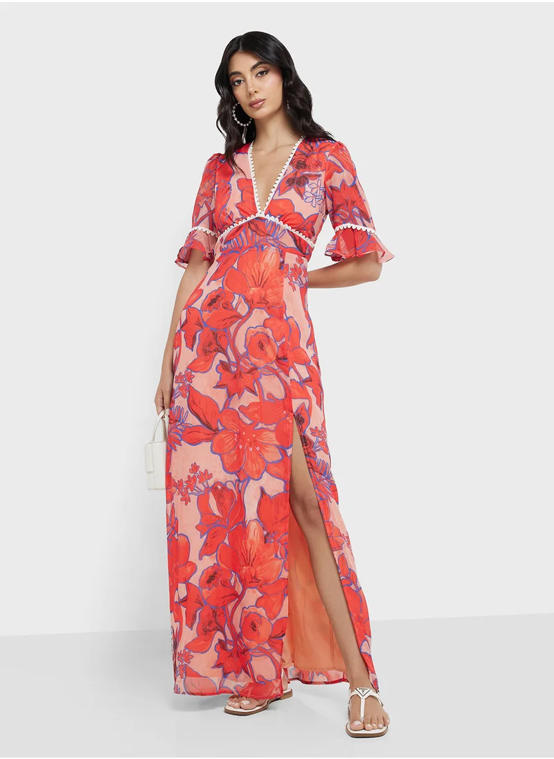 Hope & Ivy Frill Sleeve Thigh Split Open Back Dress
