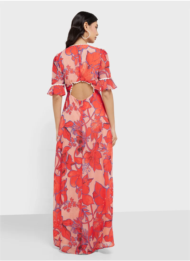 Hope & Ivy Frill Sleeve Thigh Split Open Back Dress