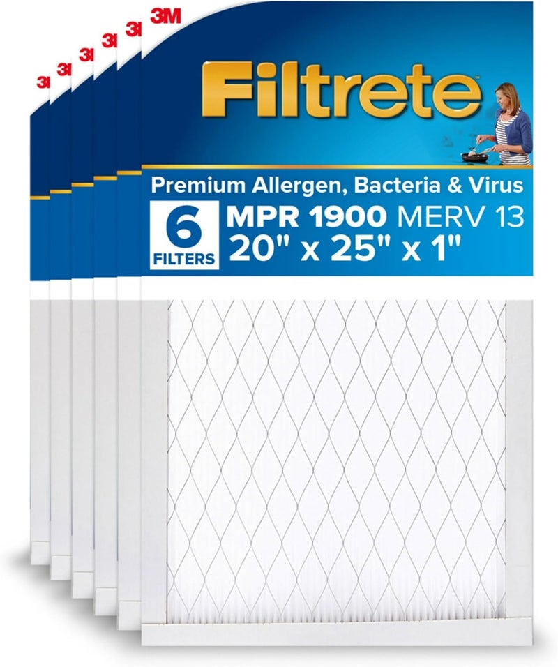 FILTRETE 20x25x1 AC Furnace Air Filter, MERV 13, MPR 1900, Premium Allergen, Bacteria & Virus Filter, 3-Month Pleated 1-Inch Electrostatic Air Cleaning Filter, 6-Pack (Actual Size 19.69x24.69x0.78 in) - Image 1
