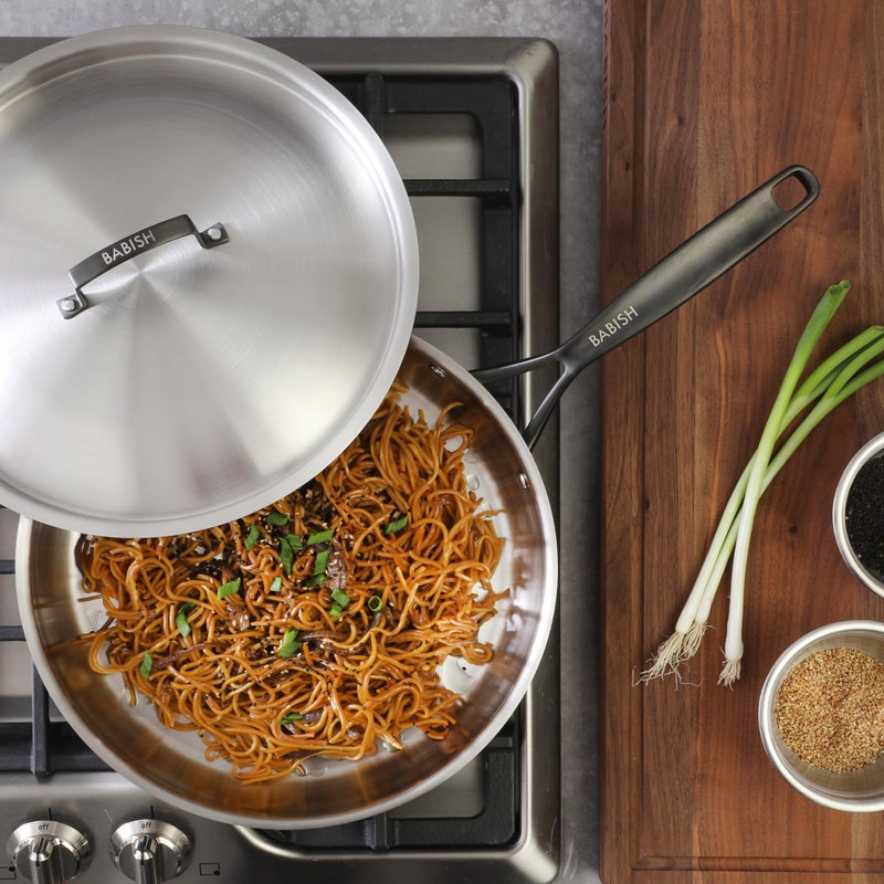 Babish 12-Inch Tri-Ply Stainless Steel Frying Pan with Lid & Black Handle â€“ Professional Grade Skillet for Searing, SautÃ©ing & Even Heat Cooking - Image 2