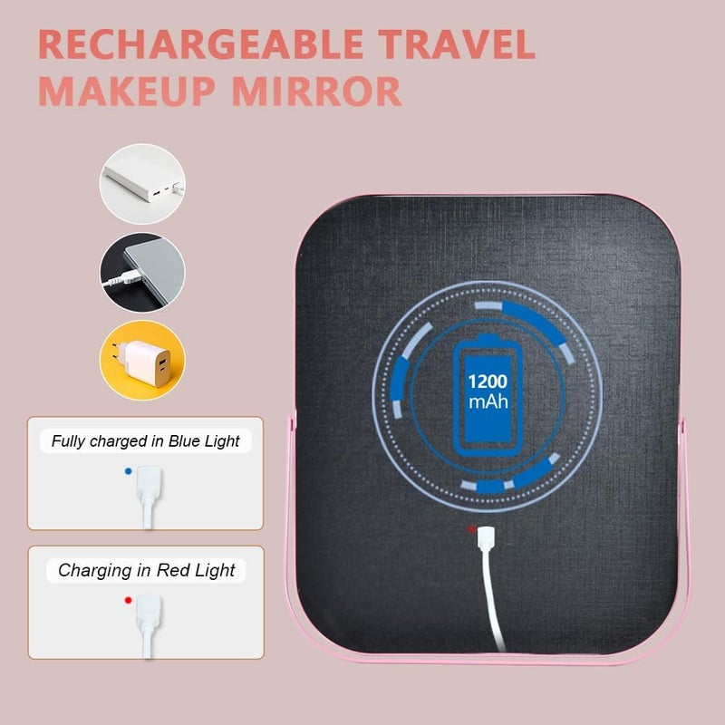 YEKKOPT Pink Rechargeable Vanity Mirror with Lights, LED Makeup Mirror, 10"×8" Lighted Makeup Mirror with Lights, Smart Touch Control Dimmable 3 Modes Light, Lighted Up Mirror for Makeup Desk, Bedroom - Image 3