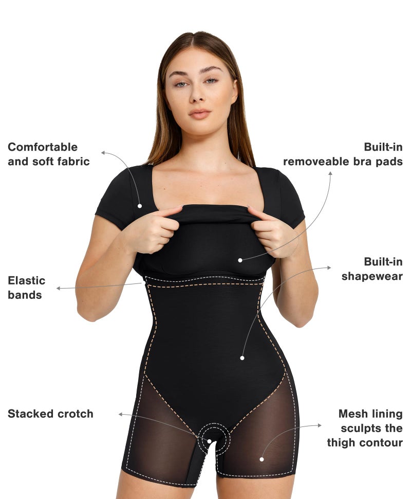 Popilush Black Summer Cocktail Midi Dresses for Women Shapewear Bodycon Short Sleeve Square Neck Dress - Image 3
