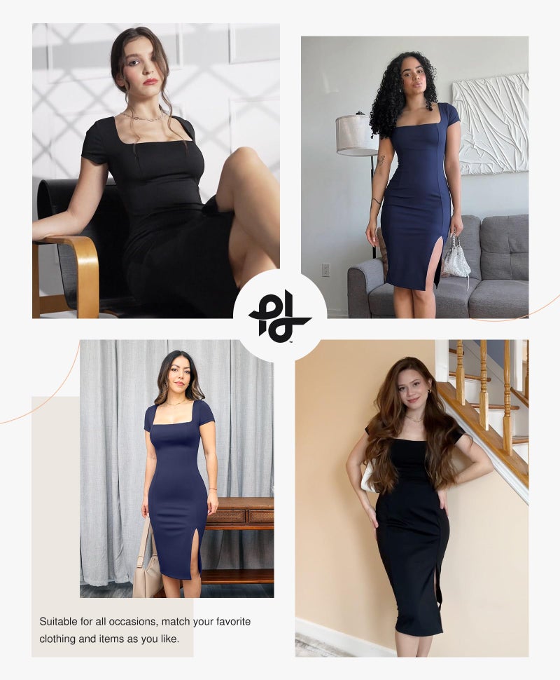 Popilush Black Summer Cocktail Midi Dresses for Women Shapewear Bodycon Short Sleeve Square Neck Dress - Image 2