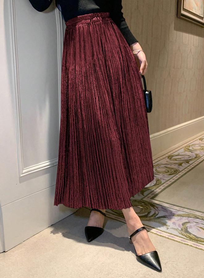 Take Two Solid Elastic Waist Pleated Detail A-Line Maxi Skirt - Image 1