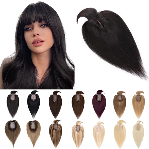 SEGO Human Hair Toppers for Women With Thinning Hair, 7 * 13CM Silk Base 100% Real Human Hair Clip in Top Wiglet Hairpieces -14 Inch No Bangs Dark Brown - Image 1