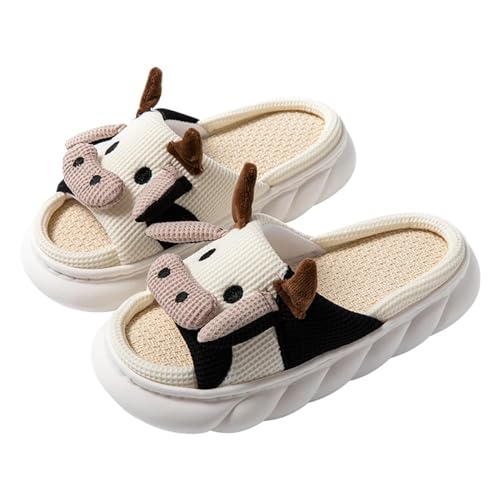 Gaolinci Cartoon Animal Shape Slippers, Womens Four Seasons Home Linen Slippers (Cow-US 6.5-7.5) - Image 1