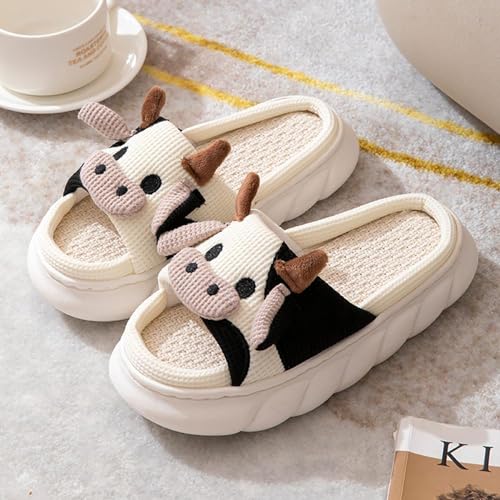 Gaolinci Cartoon Animal Shape Slippers, Womens Four Seasons Home Linen Slippers (Cow-US 6.5-7.5) - Image 4