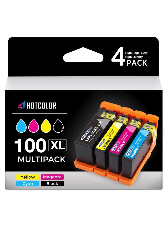 Hotcolor متوافق مع خراطيش حبر ليكسمارك 100XL لطابعات ليكسمارك s301 S305 S605 S405 S505 Pro901 Pro905 Pro805 Pro705 Pro205 Pro206 Pro207 S815 S816 (أسود، أزرق، أرجواني، أصفر، 4 عبوات) - Image 1