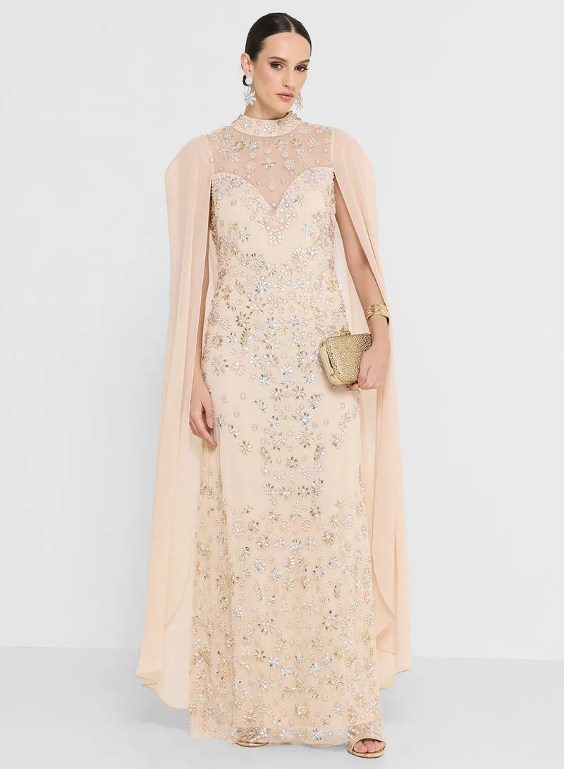 Cape Sleeve Embelllished Maxi Dress