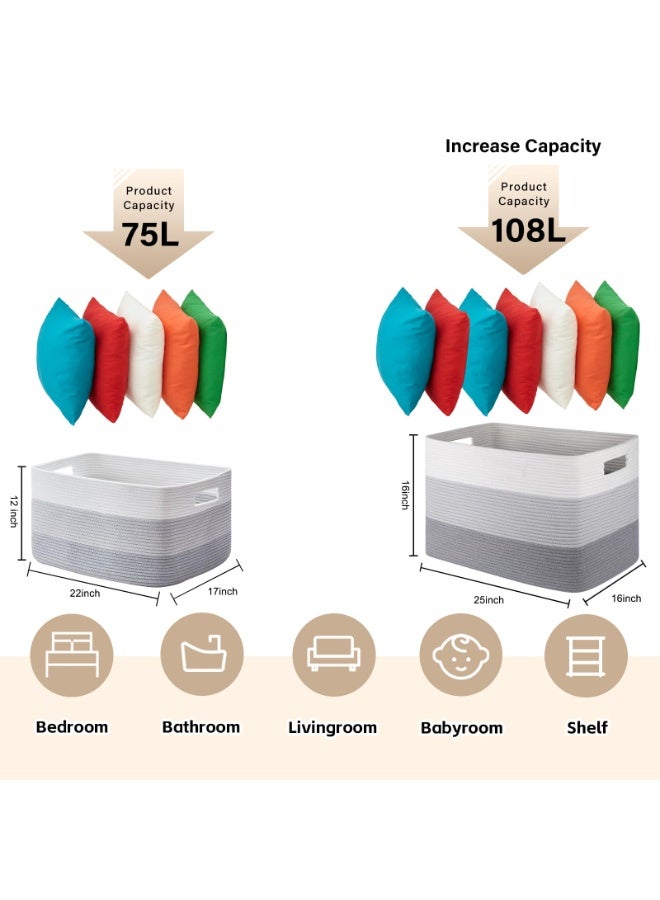 JINFANLI Large Blanket Basket, 22”x17”x12” Rectangle Woven Baskets, Nursery Blanket Storage Living Room, Toy Storage With Handle, Large Baskets for Organizing-Gradient Grey - Image 3