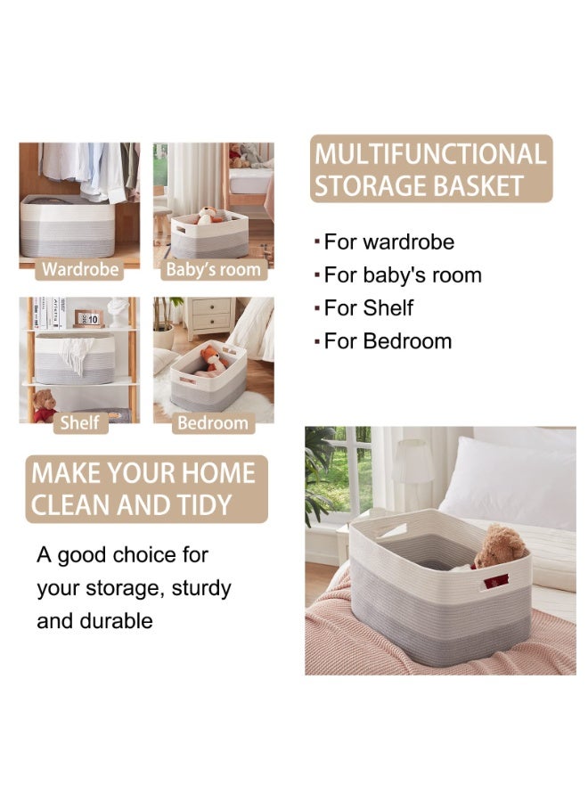 JINFANLI Large Blanket Basket, 22”x17”x12” Rectangle Woven Baskets, Nursery Blanket Storage Living Room, Toy Storage With Handle, Large Baskets for Organizing-Gradient Grey - Image 4