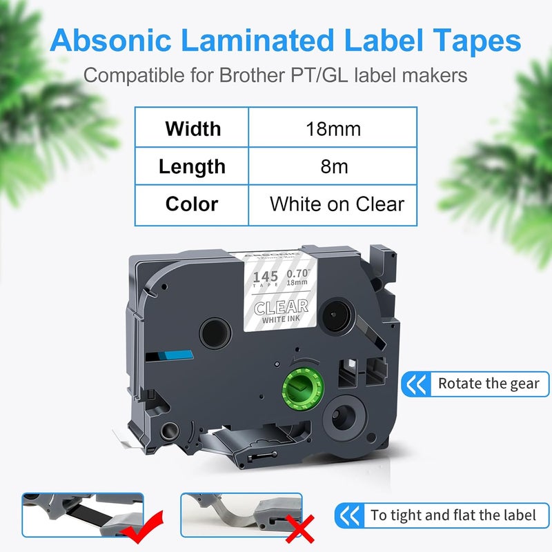 Absonic 3-Pack 18mm White on Clear Label Tape Compatible for Brother TZe-145 TZ-145 TZe145 P Touch Tze Tz 18mm 0.7" Laminated White on Clear Tape 3/4" for PTD410 PTD450 PTD400 PTD600 PTP700 PTP750W - Image 2
