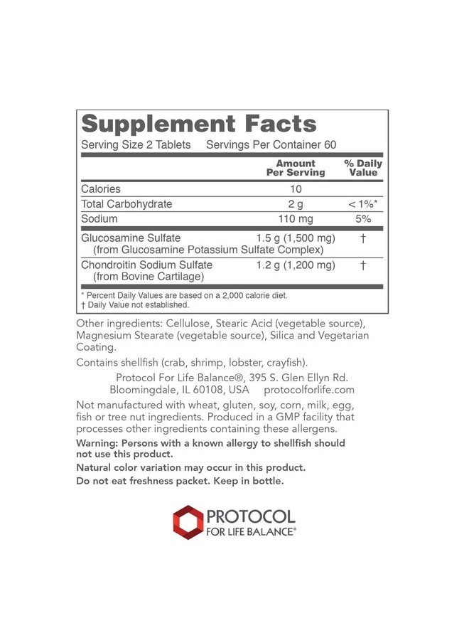 Protocol For Life Balance - Glucosamine And Chondroitin Extra Strength Formula To Support Healthy Joint Function And Promotes Stronger Bones And Cartilage 120 Tablets - Image 1