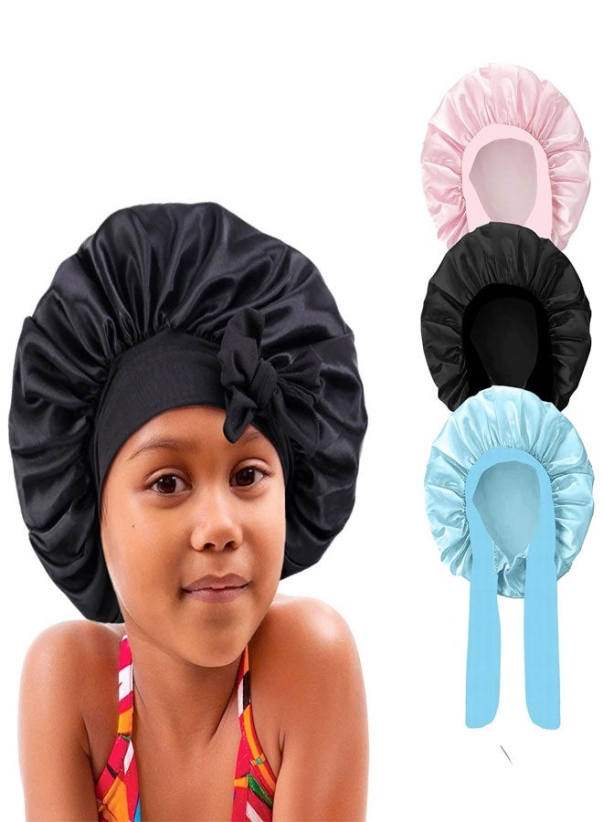 وهاواي 3 Pack Satin Bonnet with Tie Band Silk Hair Bonnet for Sleeping, Hair Sleep Bonnets for Kids, Wide Soft Band Sleep Cap for Curly Hairs Braids - Image 1