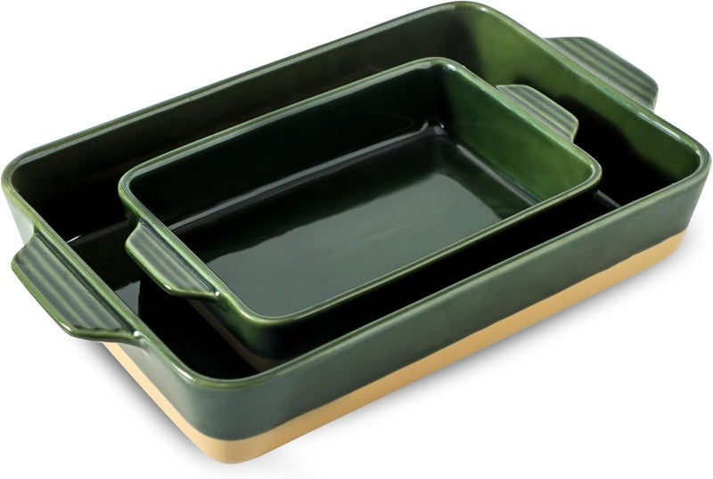 Howise Ceramic Baking Casserole Dish with Handles, Large 9x13 inch Pan and Middle Baking Pan - Porcelain Serving Bakeware Set (Forest Green) - Image 1