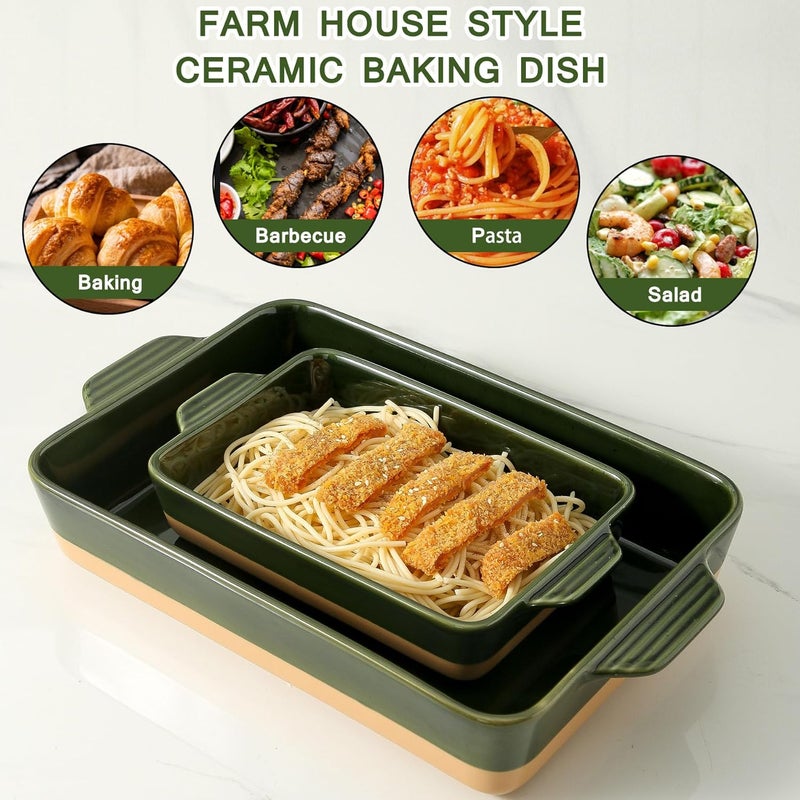 Howise Ceramic Baking Casserole Dish with Handles, Large 9x13 inch Pan and Middle Baking Pan - Porcelain Serving Bakeware Set (Forest Green) - Image 4