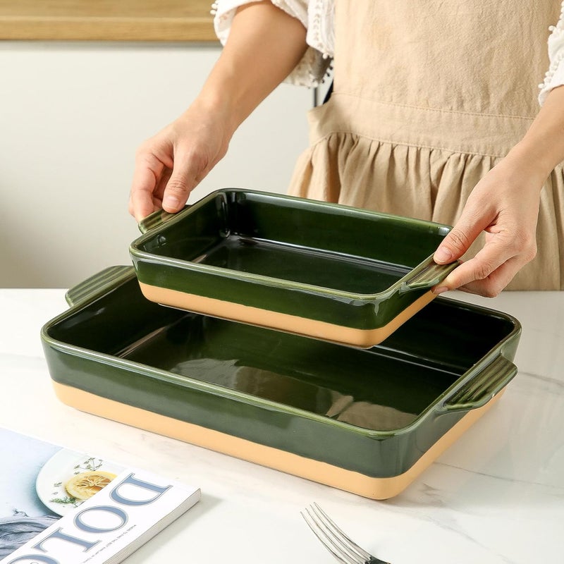 Howise Ceramic Baking Casserole Dish with Handles, Large 9x13 inch Pan and Middle Baking Pan - Porcelain Serving Bakeware Set (Forest Green) - Image 2