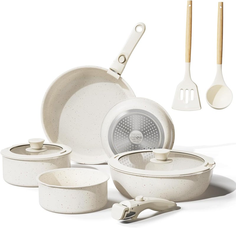 bazova 11 Pcs Pots and Pans Set Non Stick with Removable Handles,Ceramic Cookware Set Non Toxic,Induction Kitchen Cooking Sets,Nonstick RV Cookware,Dishwasher/Oven Safe,PFAS/PTFE/PFOA Free,Cream White - Image 1