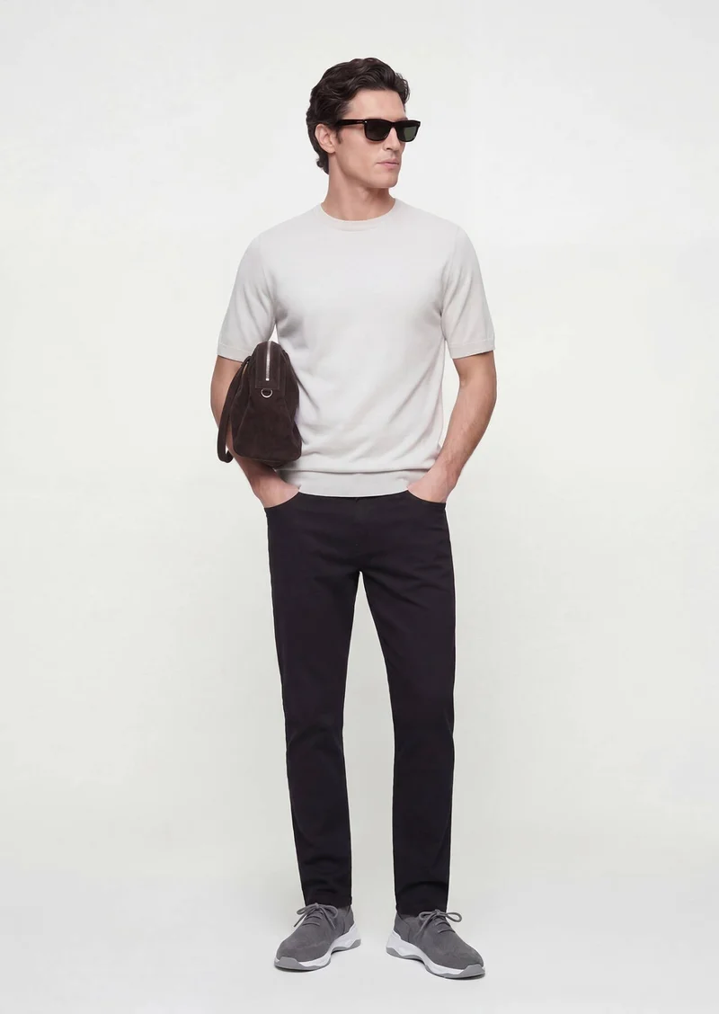 RAMSEY Black Weaving Slim Fit Casual Cotton Blended Trousers