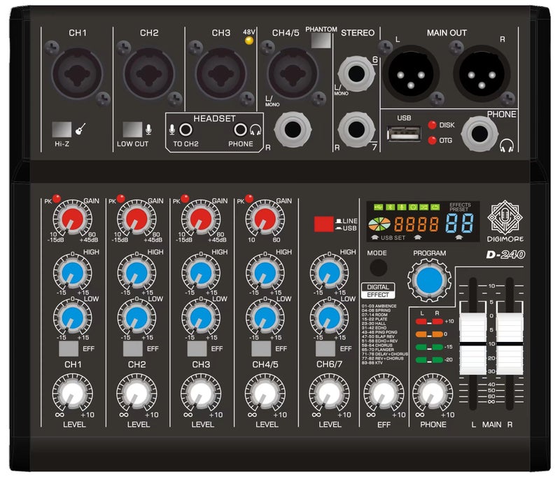 DIGIMORE 7 Channel Audio Mixer | DJ mixer Board | Bluetooth MP3 Mixer for Music With Sound Card Recording And 88 Kinds of DSP Digital Effects, USB Audio Interface for Karaoke (D-240) - Image 1