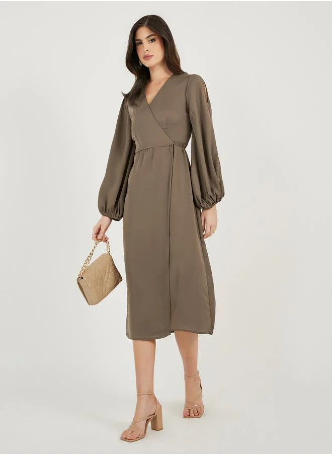 ستايلي Wrap Front Balloon Sleeves Midi Dress