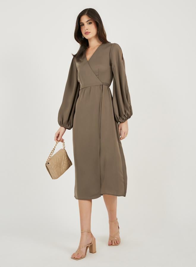 Styli Wrap Front Balloon Sleeves Midi Dress - Image 2