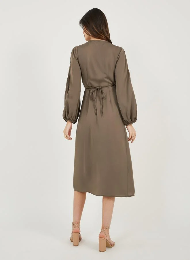 Styli Wrap Front Balloon Sleeves Midi Dress