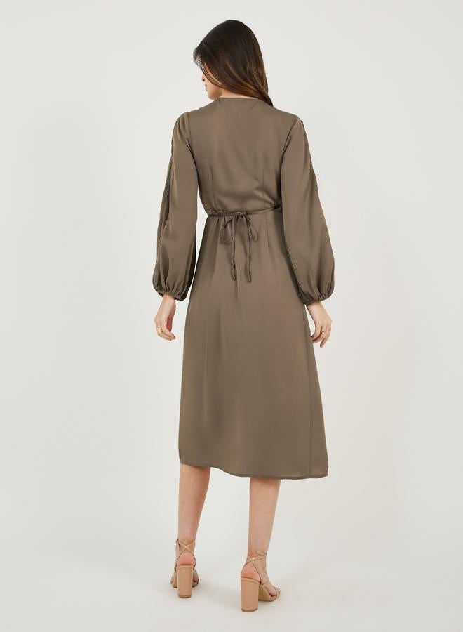 Styli Wrap Front Balloon Sleeves Midi Dress - Image 5