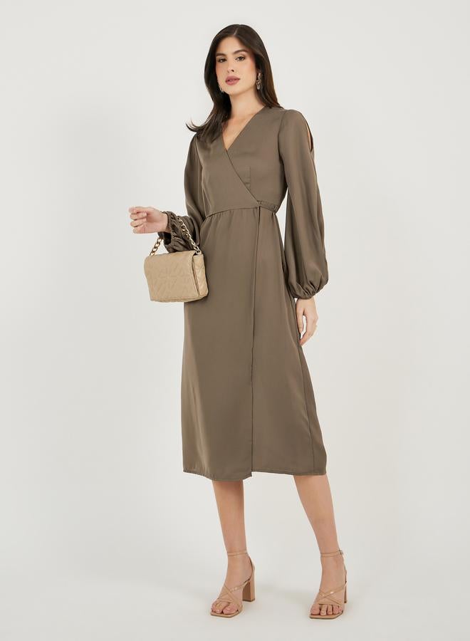 Styli Wrap Front Balloon Sleeves Midi Dress - Image 1