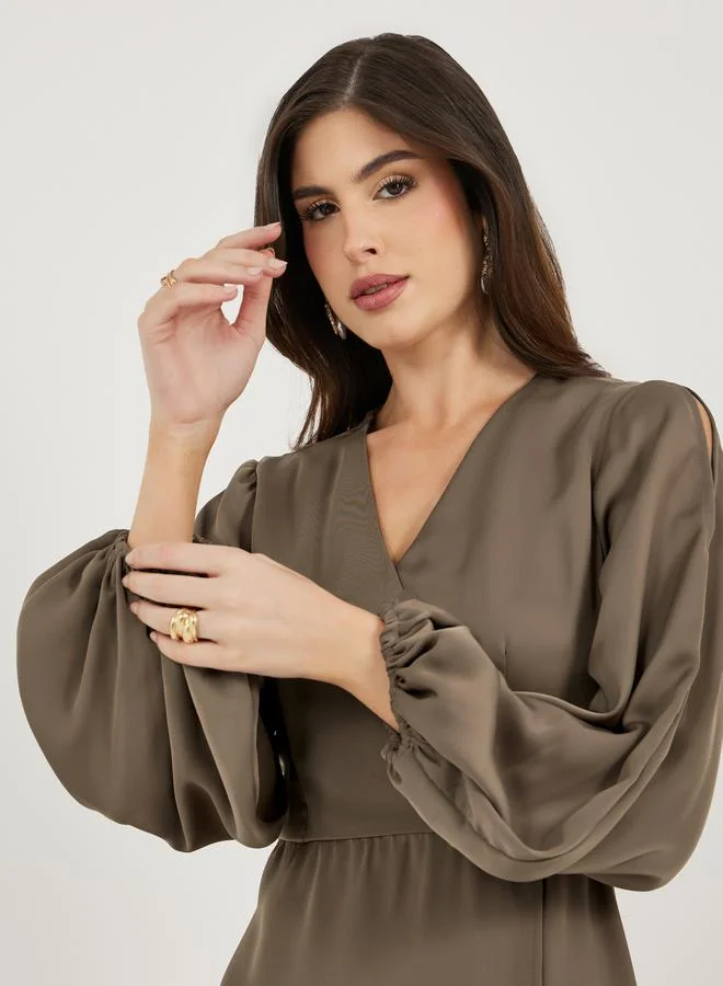 Styli Wrap Front Balloon Sleeves Midi Dress