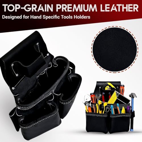 AP LEATHER AP-LEATHER PRO-19 Full Grain Leather Tool Belt for Men – 100% Genuine Leather with Suspenders – Heavy-Duty 19-Pocket Construction Belt with Comfort Back Support for Carpenters & Framing Rig (Black) - Image 5