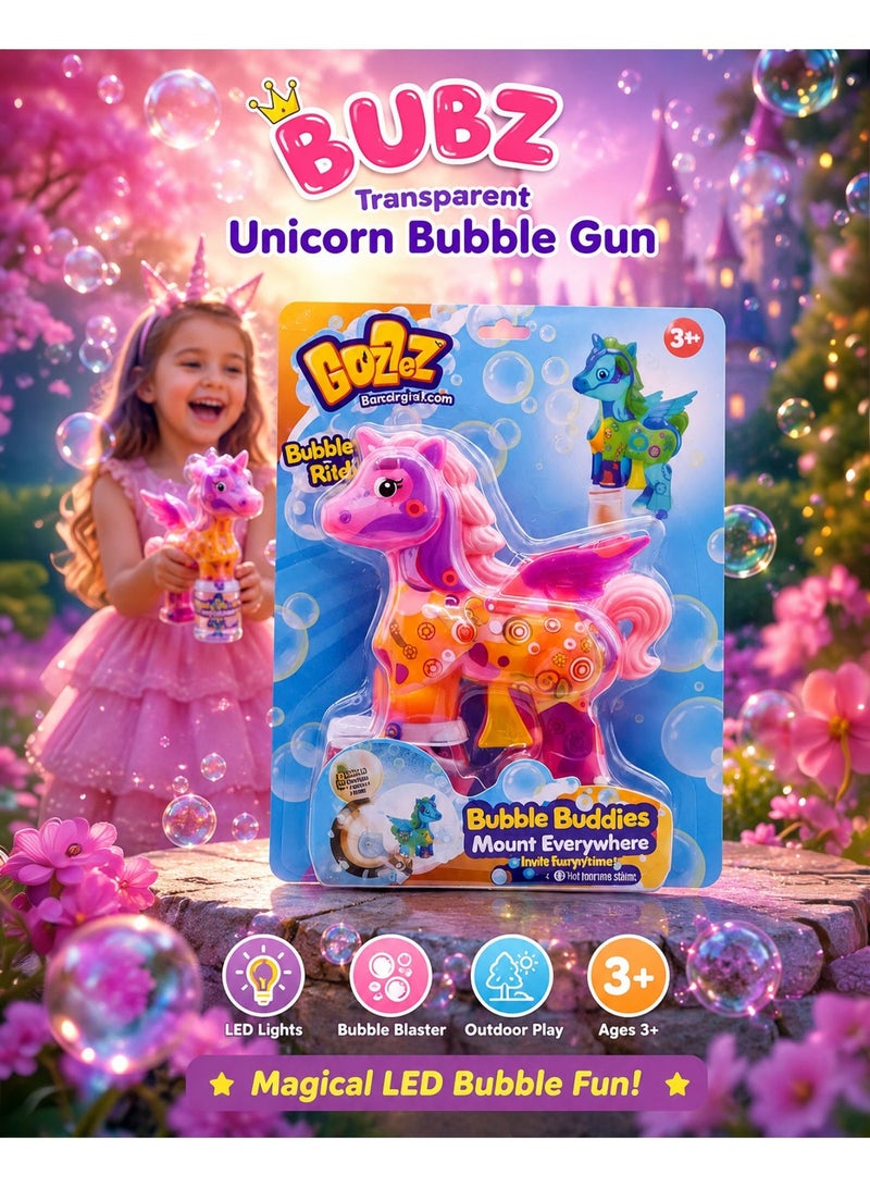 BUBZ Transparent Light Up Unicorn Bubble Gun Toy for Kids, LED Bubble Shooter with Colorful Glowing Lights, Automatic Bubble Blaster Machine for Girls, Magical Outdoor Summer Bubble Maker for Birthday Party Play Ages 3+ - Image 1