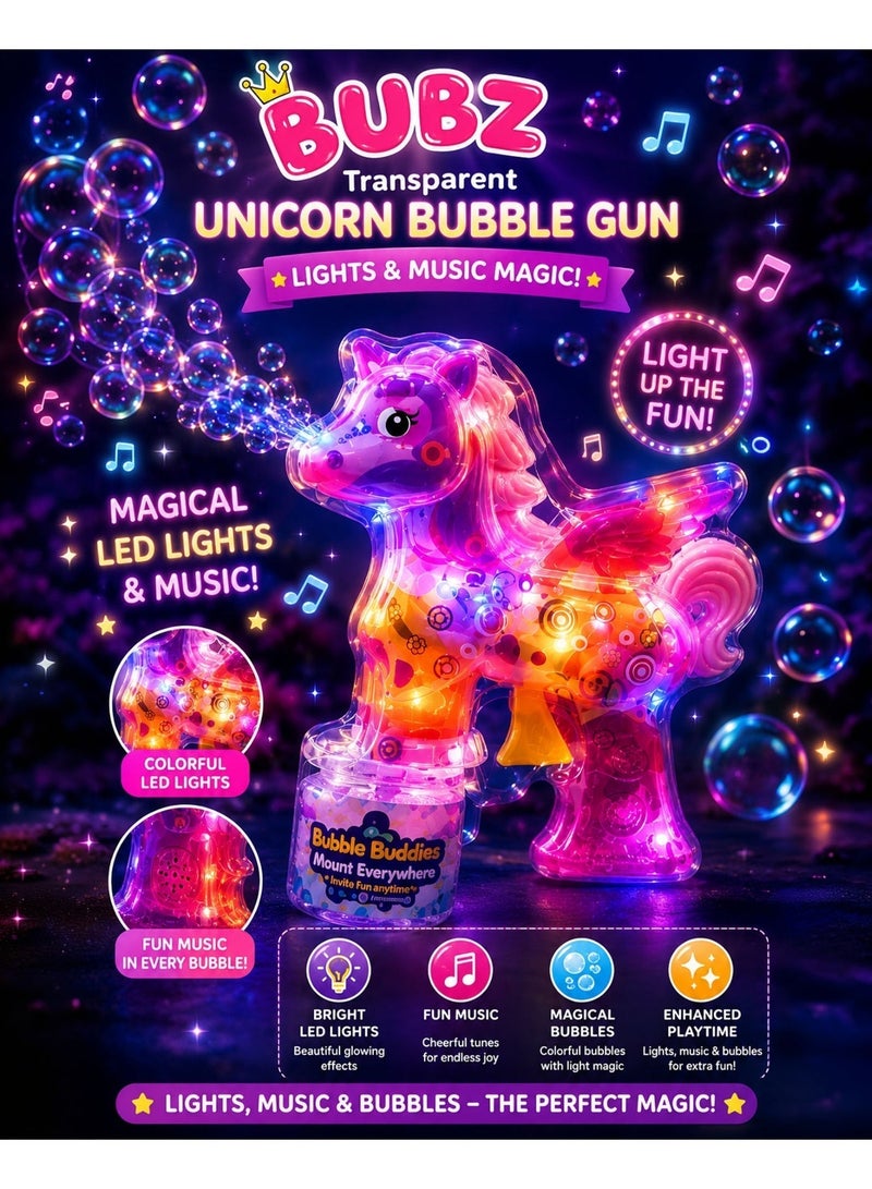 BUBZ Transparent Light Up Unicorn Bubble Gun Toy for Kids, LED Bubble Shooter with Colorful Glowing Lights, Automatic Bubble Blaster Machine for Girls, Magical Outdoor Summer Bubble Maker for Birthday Party Play Ages 3+ - Image 4