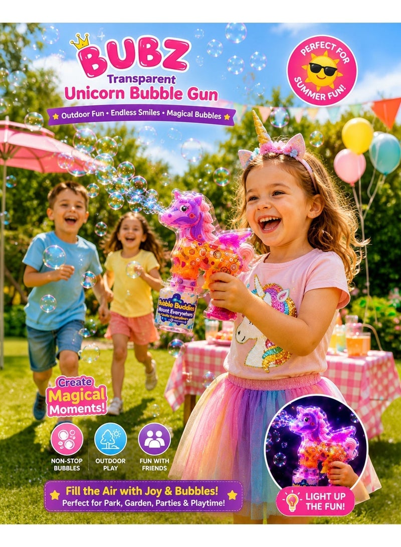 BUBZ Transparent Light Up Unicorn Bubble Gun Toy for Kids, LED Bubble Shooter with Colorful Glowing Lights, Automatic Bubble Blaster Machine for Girls, Magical Outdoor Summer Bubble Maker for Birthday Party Play Ages 3+ - Image 5