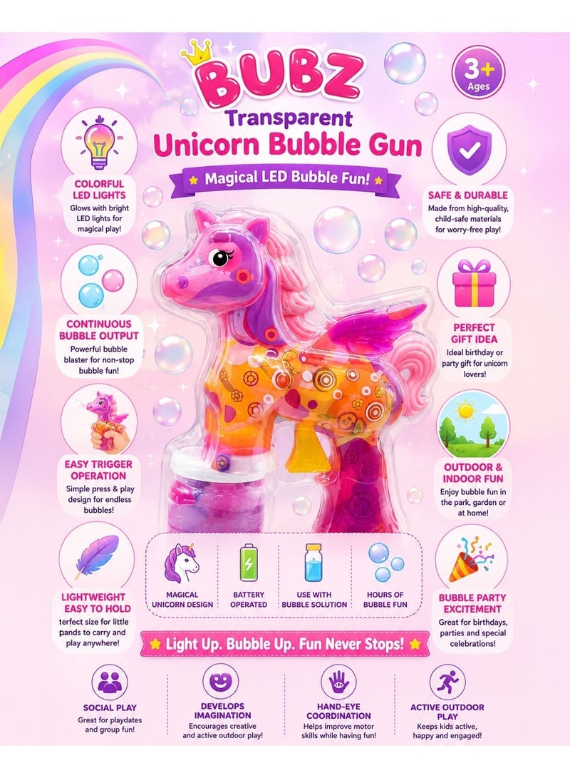 BUBZ Transparent Light Up Unicorn Bubble Gun Toy for Kids, LED Bubble Shooter with Colorful Glowing Lights, Automatic Bubble Blaster Machine for Girls, Magical Outdoor Summer Bubble Maker for Birthday Party Play Ages 3+ - Image 2