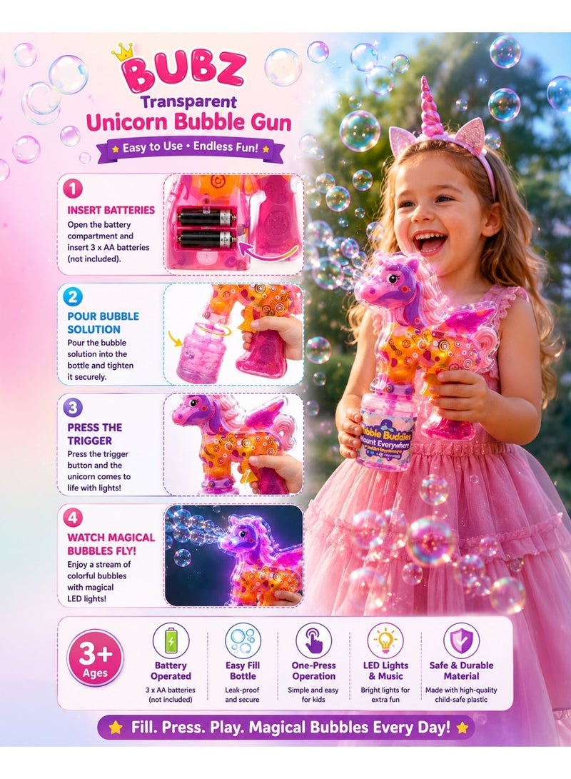 BUBZ Transparent Light Up Unicorn Bubble Gun Toy for Kids, LED Bubble Shooter with Colorful Glowing Lights, Automatic Bubble Blaster Machine for Girls, Magical Outdoor Summer Bubble Maker for Birthday Party Play Ages 3+ - Image 3