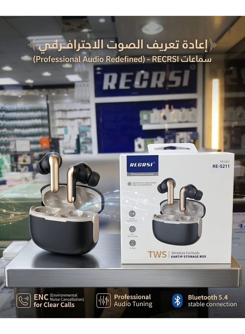 سماعة بلوتوث RECRSI RE-S211 لاسلكية TWS - تقنية عزل الضوضاء ENC للمكالمات - بلوتوث 5.4 مستقر - صوت احترافي وتصميم أنيق