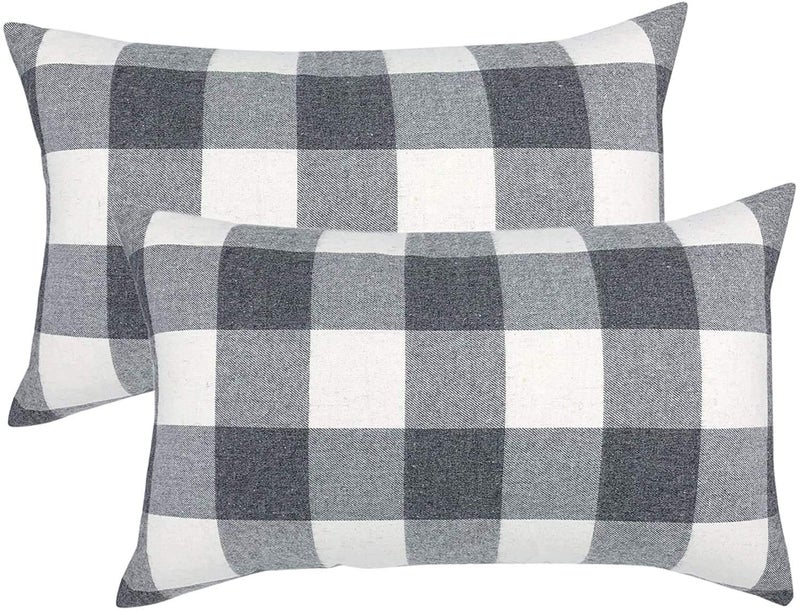 Deevine Craft Medium Hard Cotton Pillow Set of 2 Pillows Gingham Plaid (Size 16 x 26 inches) Black and White Checked - Image 1