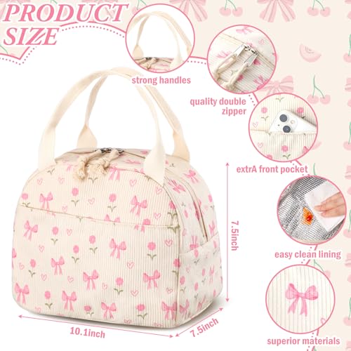 Dansydaisy Pink Flower and Bow Lunch Bag Cute Corduroy Insulated Lunch Box for Women Coquette Tote Bag Reusable Large Capacity Cooler Containers Preppy Stuff Gifts for Picnics Travel Outdoor - Image 2