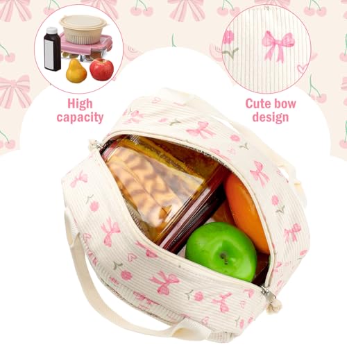 Dansydaisy Pink Flower and Bow Lunch Bag Cute Corduroy Insulated Lunch Box for Women Coquette Tote Bag Reusable Large Capacity Cooler Containers Preppy Stuff Gifts for Picnics Travel Outdoor - Image 4
