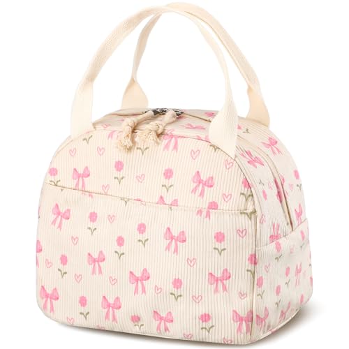 Dansydaisy Pink Flower and Bow Lunch Bag Cute Corduroy Insulated Lunch Box for Women Coquette Tote Bag Reusable Large Capacity Cooler Containers Preppy Stuff Gifts for Picnics Travel Outdoor - Image 1