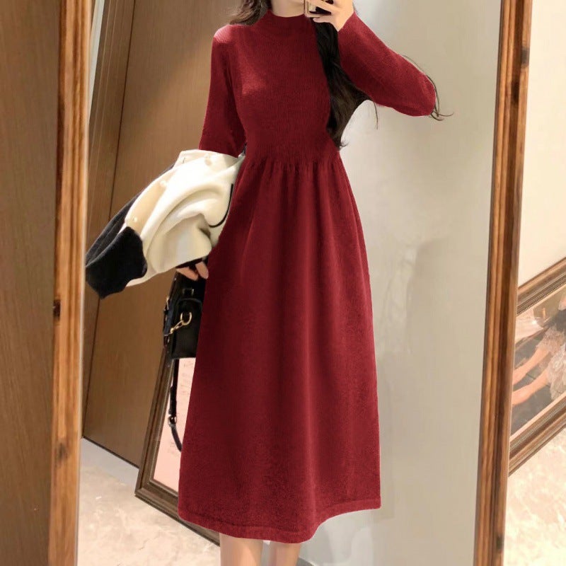 Women Winter Coat French Style Woolen Skirt Heberla Style Innerwear Base Knitted Long Sleeve Dress Wine red - Image 1