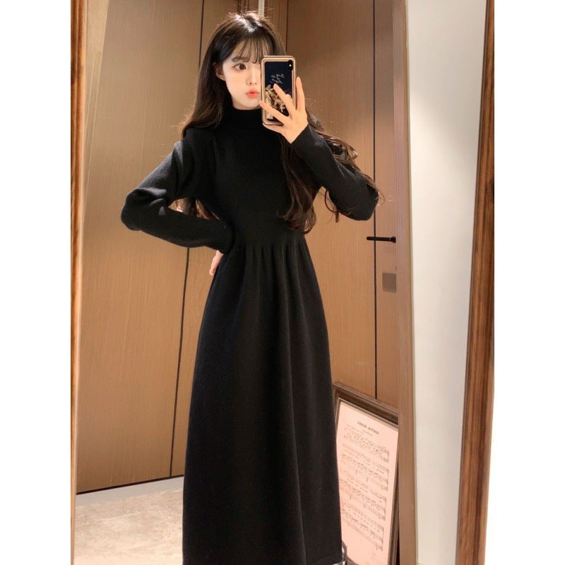 Women Winter Coat French Style Woolen Skirt Heberla Style Innerwear Base Knitted Long Sleeve Dress Wine red - Image 5