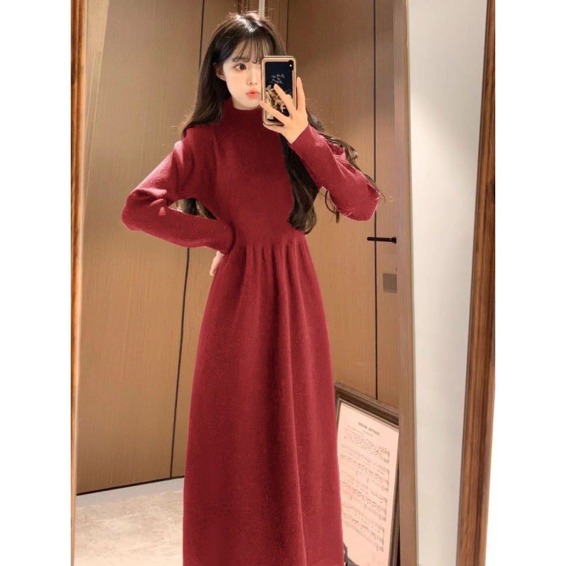 Women Winter Coat French Style Woolen Skirt Heberla Style Innerwear Base Knitted Long Sleeve Dress Wine red - Image 4