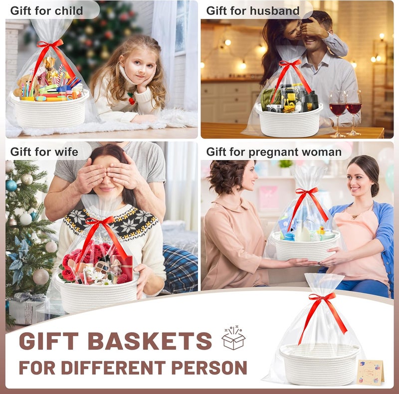 Bufims Small Woven White Gifts Basket for Storage Empty with Ribbons and Bags Durable Cute Gifts 12"X 8" X 5" Small Rope Basket for Gifting - Image 3