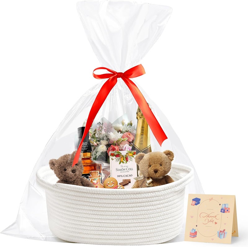 Bufims Small Woven White Gifts Basket for Storage Empty with Ribbons and Bags Durable Cute Gifts 12"X 8" X 5" Small Rope Basket for Gifting - Image 1