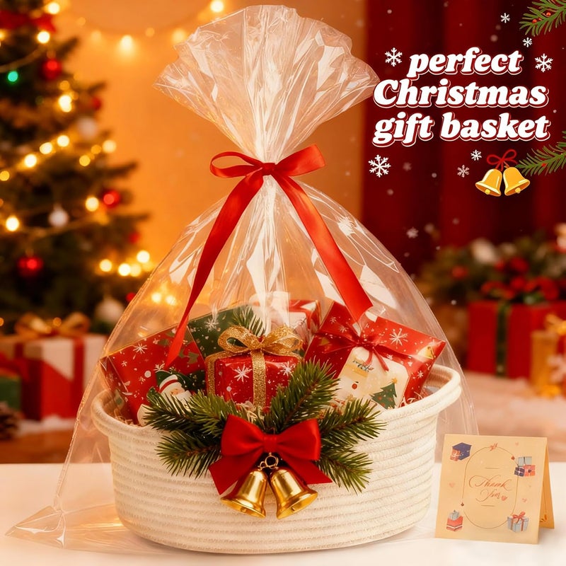 Bufims Small Woven White Gifts Basket for Storage Empty with Ribbons and Bags Durable Cute Gifts 12"X 8" X 5" Small Rope Basket for Gifting - Image 2