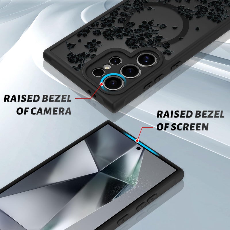 OOK Case Fit for Samsung Galaxy S24 Ultra 6.8 Inch (Wireless Charging Compatible) Black Flowers Floral Phone Cover Soft TPU + Hard PC Anti-Scratch Shockproof Magnetic Case for Women - Black - Image 3