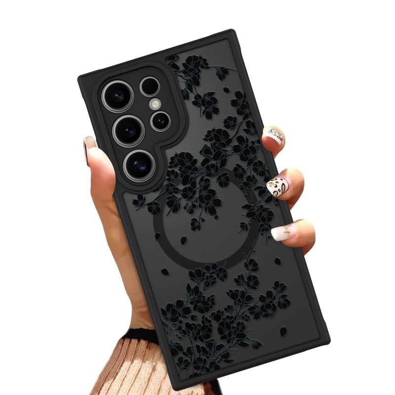 OOK Case Fit for Samsung Galaxy S24 Ultra 6.8 Inch (Wireless Charging Compatible) Black Flowers Floral Phone Cover Soft TPU + Hard PC Anti-Scratch Shockproof Magnetic Case for Women - Black - Image 1