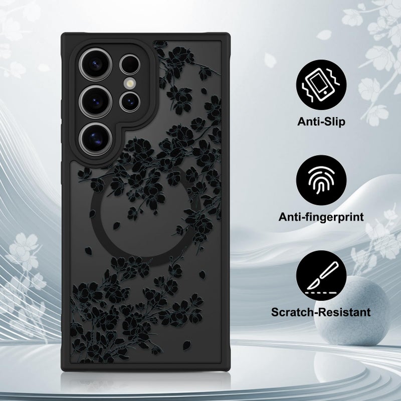 OOK Case Fit for Samsung Galaxy S24 Ultra 6.8 Inch (Wireless Charging Compatible) Black Flowers Floral Phone Cover Soft TPU + Hard PC Anti-Scratch Shockproof Magnetic Case for Women - Black - Image 5